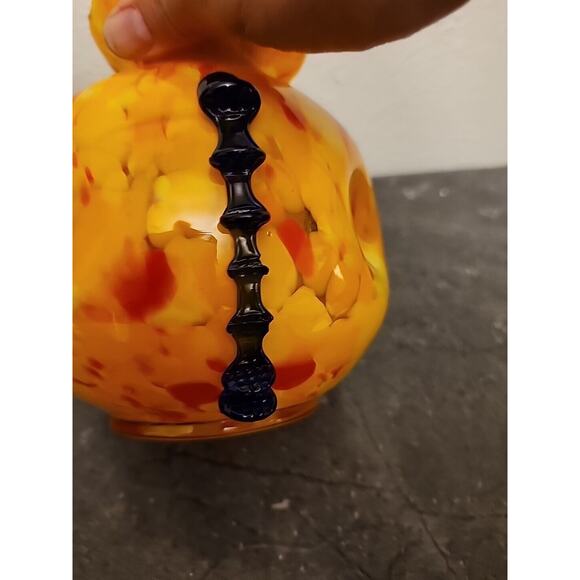 Kralik Art Glass ORANGE Yellow Black Tooled Rigaree SIGNED Made in Cz Chips - Picture 9 of 14